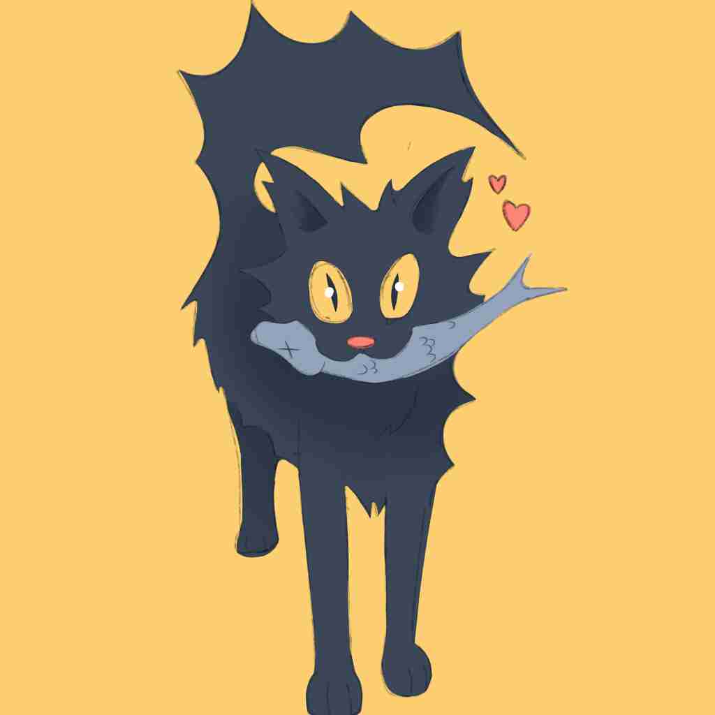 Drawing of a cat holding a fish
